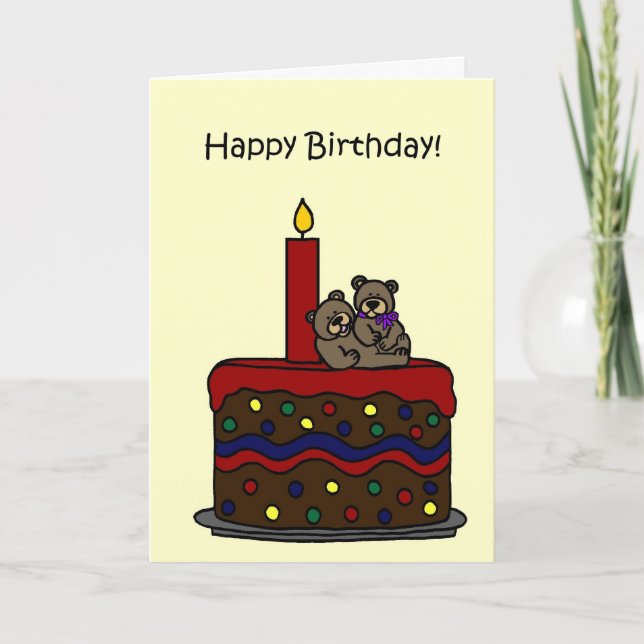 Carte ours jumeaux fille sur gâteau anniversaire (Devant)