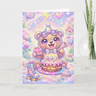 Carte Ours Kawaii Anniversaire Pastel Rainbow Roller Ska