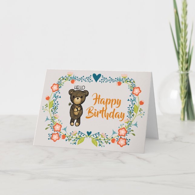 Carte Ours mignon, Fleur Jaune & Fleur Florale Fer Anniv (Devant)