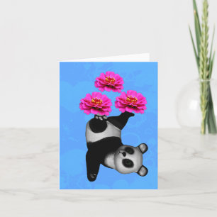 Carte Ours Panda jonglant avec des Zinnias roses Note
