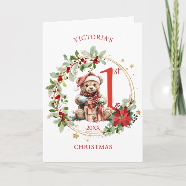 Carte Ours Poinsettia Foliage Baby's First Christmas (Devant)