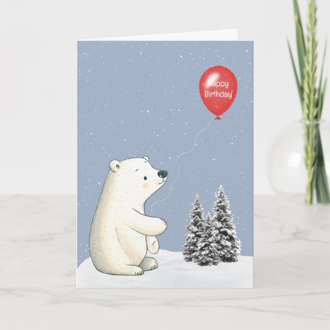Carte Ours polaire avec ballon rouge pour anniversaire (Devant)
