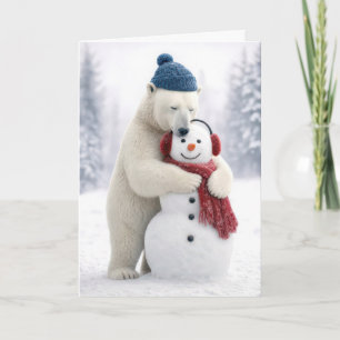Carte Ours polaire de Noël étreignant un bonhomme de nei