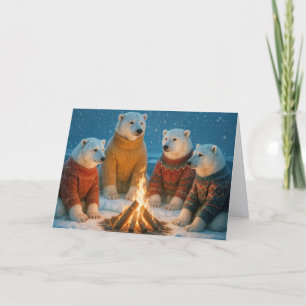 Carte Ours polaires de Noël autour d'un feu de joie