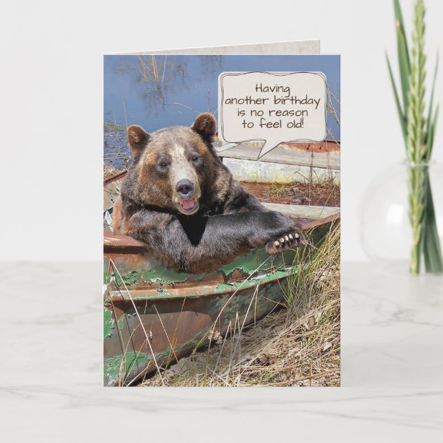 Carte ours souriant à l'anniversaire rouillé du canot (Devant)