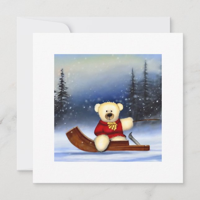 Carte Ourson sur une luge dans la neige (Devant)