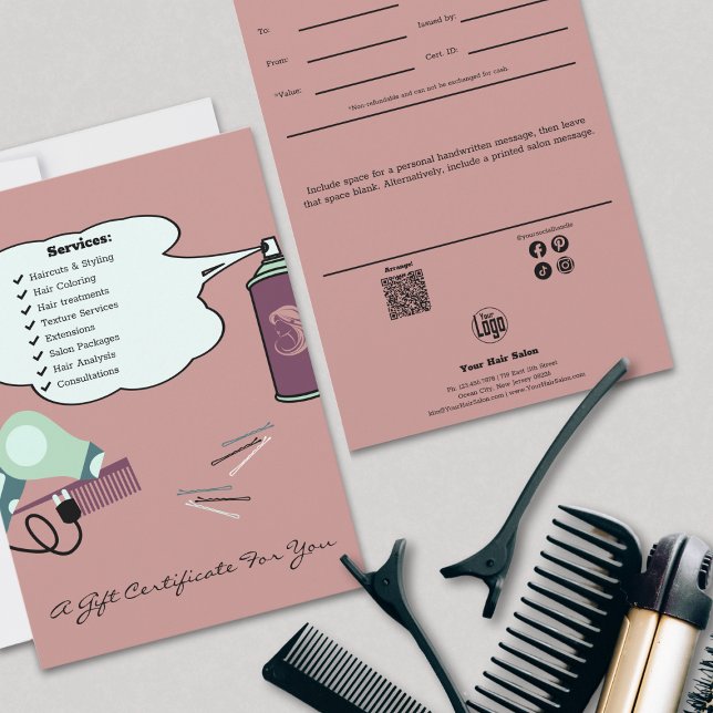 Carte Outillage pour cheveux Pink Salon Certificat cadea (Whimsical Hair Tools Pink Salon Gift Certificate Flat Card, Logo, QR Code, Note, Social)