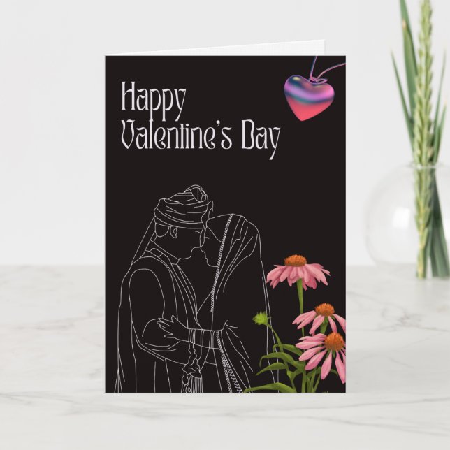 Carte Outline of a couple with bright Flowers valentine (Devant)