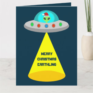 Carte OVNI de Noël Ho Ho Alien Soucoupe volante personna