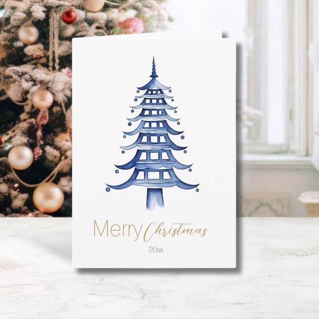 Carte Pagode de Noël de la Chinoiserie Bleue (Blue Chinoiserie Pagoda Christmas Tree Card)