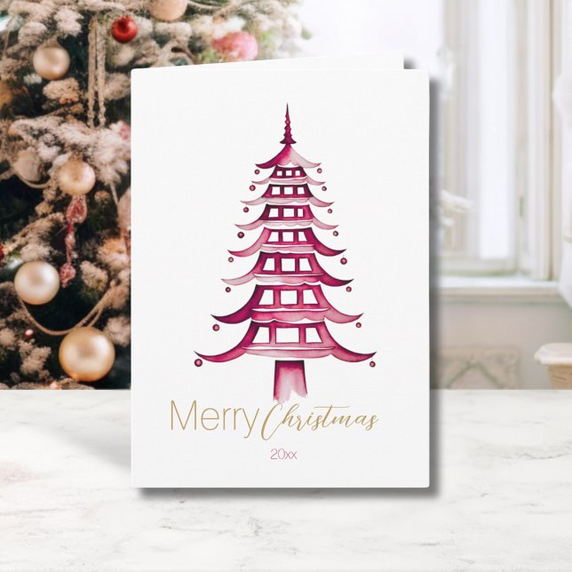Carte Pagode de Noël de la Chinoiserie Rouge (Red Chinoiserie Pagoda Christmas Tree Card)