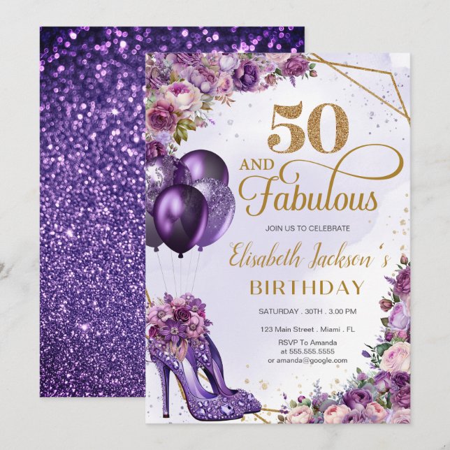 Carte Paillettes Violettes Féminines 50e Anniversaire (Devant / Derrière)