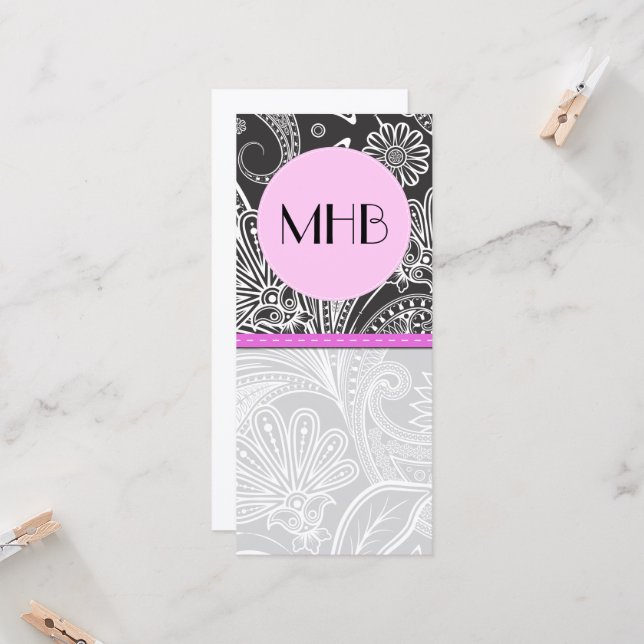 Carte Paisley Motif, noir et blanc, Monogramme (Devant/Arrière en situation)