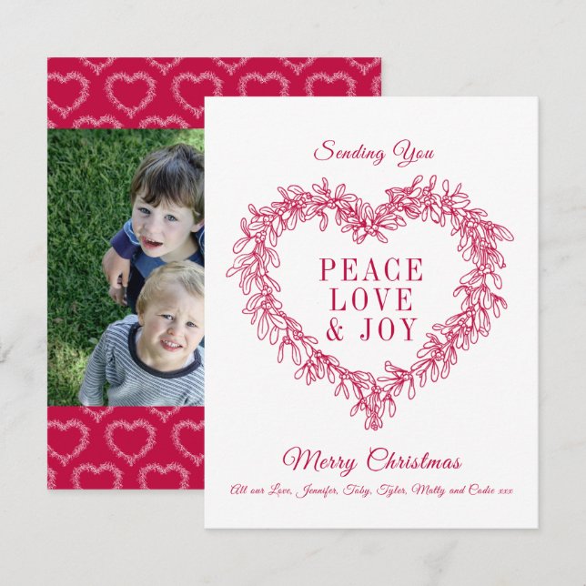 Carte Paix, amour joie rouge mistletoe coeur Noël (Devant / Derrière)