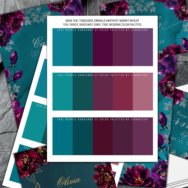 Carte Palettes couleur Mariage turquoise violet (Aqua Teal Turquoise Emerald Amethyst Garnet Merlot Teal Purple Burgundy Jewel Tone Wedding Colors)
