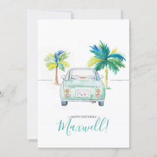 Carte Palmier tropical et aquarelle de voiture Voiture d