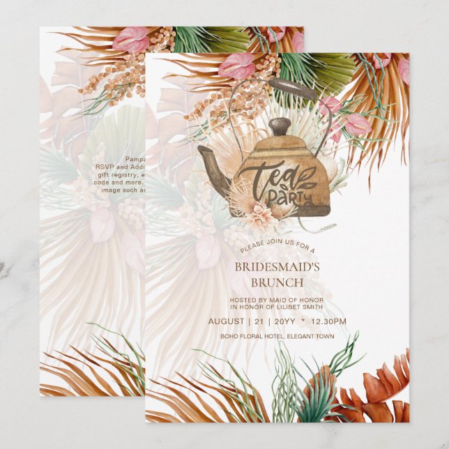 Carte Pampas Grass THÉ Fête des mariées Déjeuner (Devant / Derrière)