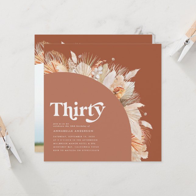 Carte Pampas moderne herbe terre cuite photo 30e anniver (Devant/Arrière en situation)