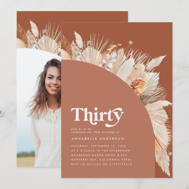 Carte Pampas moderne herbe terre cuite photo 30e anniver (Devant / Derrière)