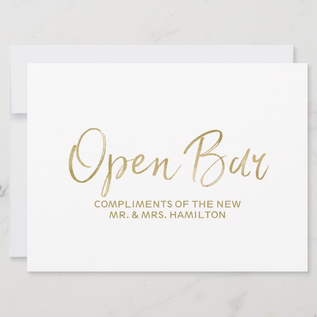 Carte Pancarte de mariage "Bar ouvert" | Doré élégant (Devant)