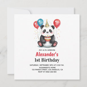 Carte Panda mignonne avec ballons et gâteau 1er annivers