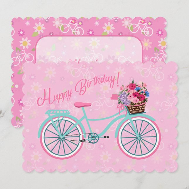 Carte Panier à fleurs roses à vélo Anniversaire (Devant / Derrière)