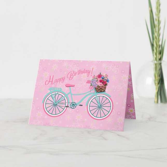 Carte Panier à fleurs sur vélo Anniversaire assez rose (Devant)