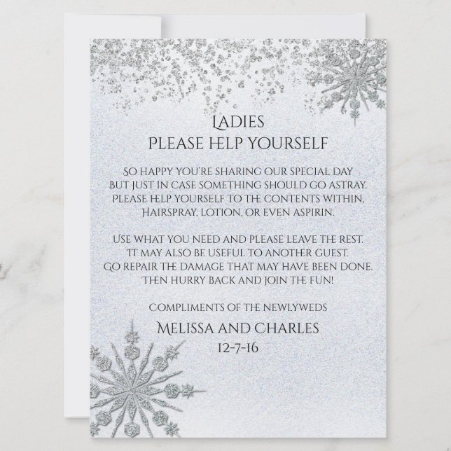 Carte Panneau Mariage Cyrstal Snowflakes (Devant)