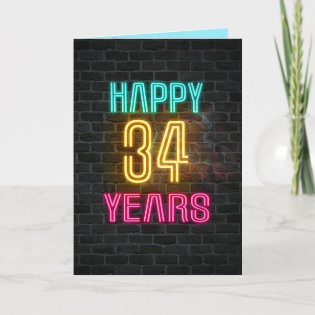 Carte Panneau néon en brique pour 34ème anniversaire (Devant)