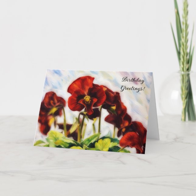 Carte Pansies Fleurs Rouges Art Anniversaire (Devant)