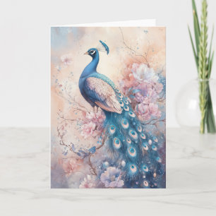 Carte Paon majestueux parmi de belles fleurs
