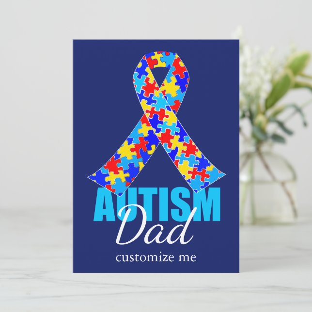 Carte Papa autisme personnalisé Ruban bleu pour la fête  (Debout devant)