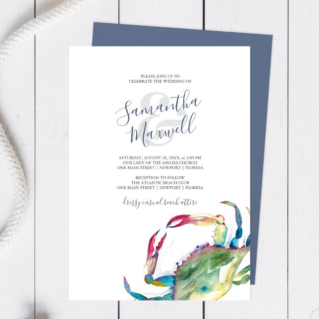 Carte Papeterie de mariage de plage au crabe à l'aquarel (Beach wedding invitations watercolor blue crab art by Victoria Grigaliunas of Do Tell A Belle)
