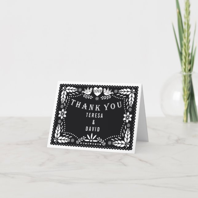 Carte Papier noir picado mariage photo Merci (Devant)