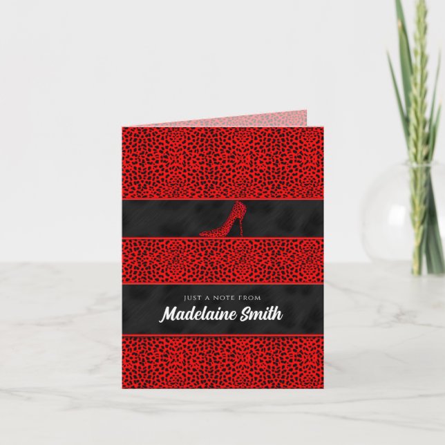 Carte Papier rouge Cheetah avec talon haut et nom (Devant)