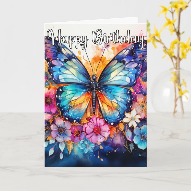 Carte Papillon artistique Abstrait rétro | Joyeux annive (Fleur jaune)