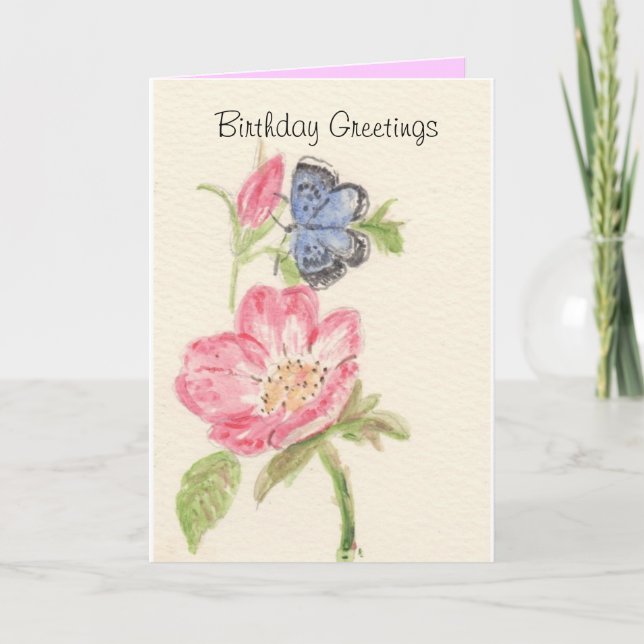 Carte Papillon assez bleu sur la fleur rose (Devant)