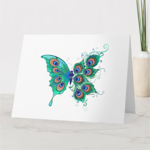Carte Papillon aux plumes de paon vert