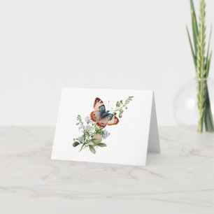 Carte Papillon bleu et orange avec tige de fleur BLANC