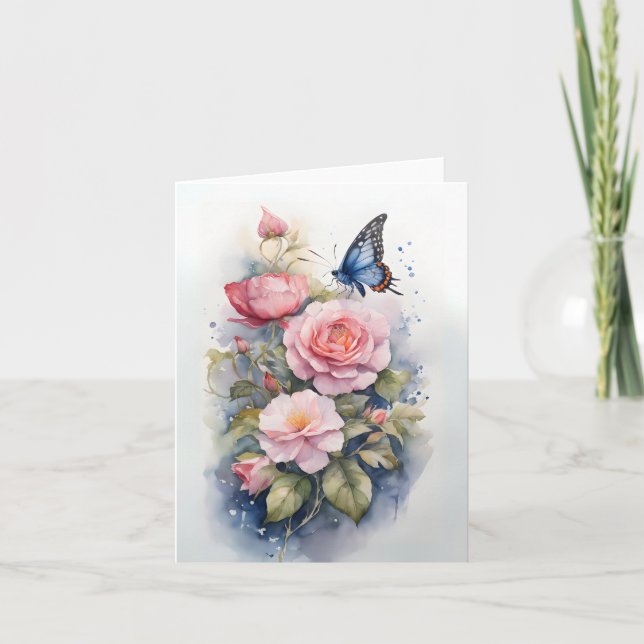 Carte Papillon bleu Fleurs roses Aquarelle Blanc (Devant)