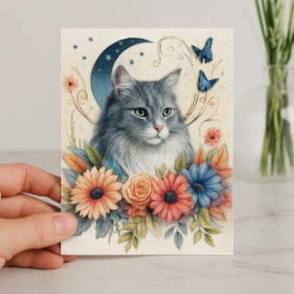 Carte Papillon de chat gris Floral