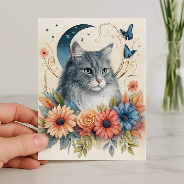 Carte Papillon de chat gris Floral (floral feline stationery for cat lover AI created)