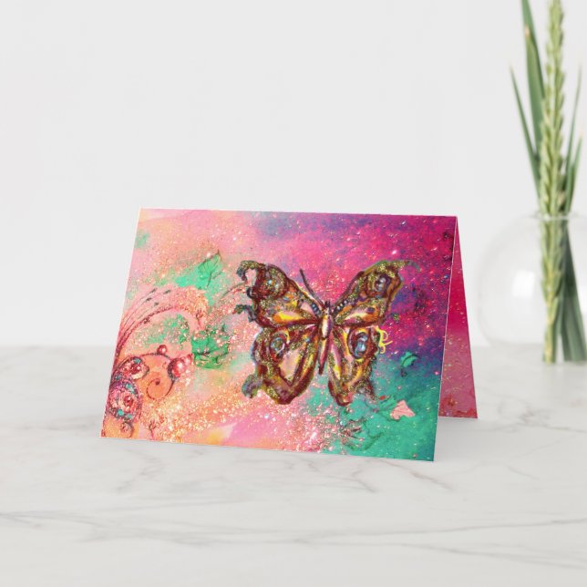 Carte PAPILLON EN  PAILLETTES D'OR ,Rose Vert Turquoise (Devant)