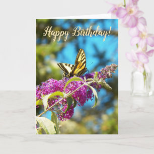 Carte Papillon Jaune sur Fleurs Roses Anniversaire