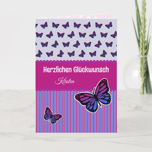 Carte Papillon rose et lilas allemand texte personnalisé (Devant)