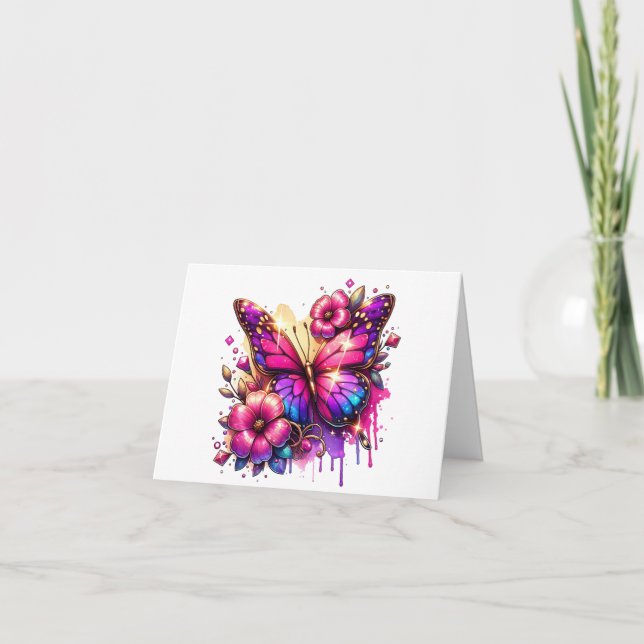 Carte Papillon rose et pourpre et Merci de fleurs (Devant)