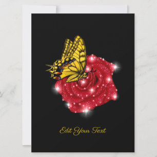 Carte Papillon sur rose rouge avec étoiles et gouttes de