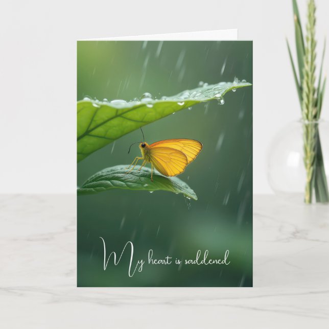 Carte Papillon sympa sur une feuille verte dans la pluie (Devant)