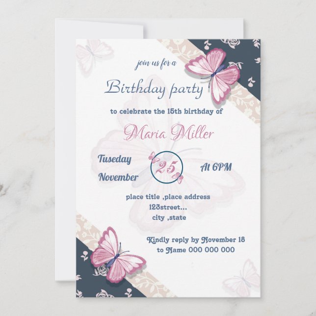 Carte papillons bleu marine rose fête d'anniversaire (Devant)