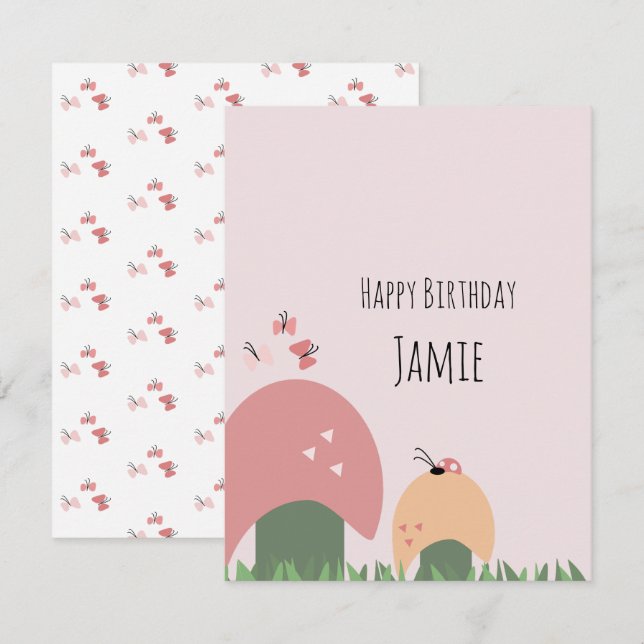 Carte Papillons, Champignons, Ladybugs Joyeux anniversai (Devant / Derrière)